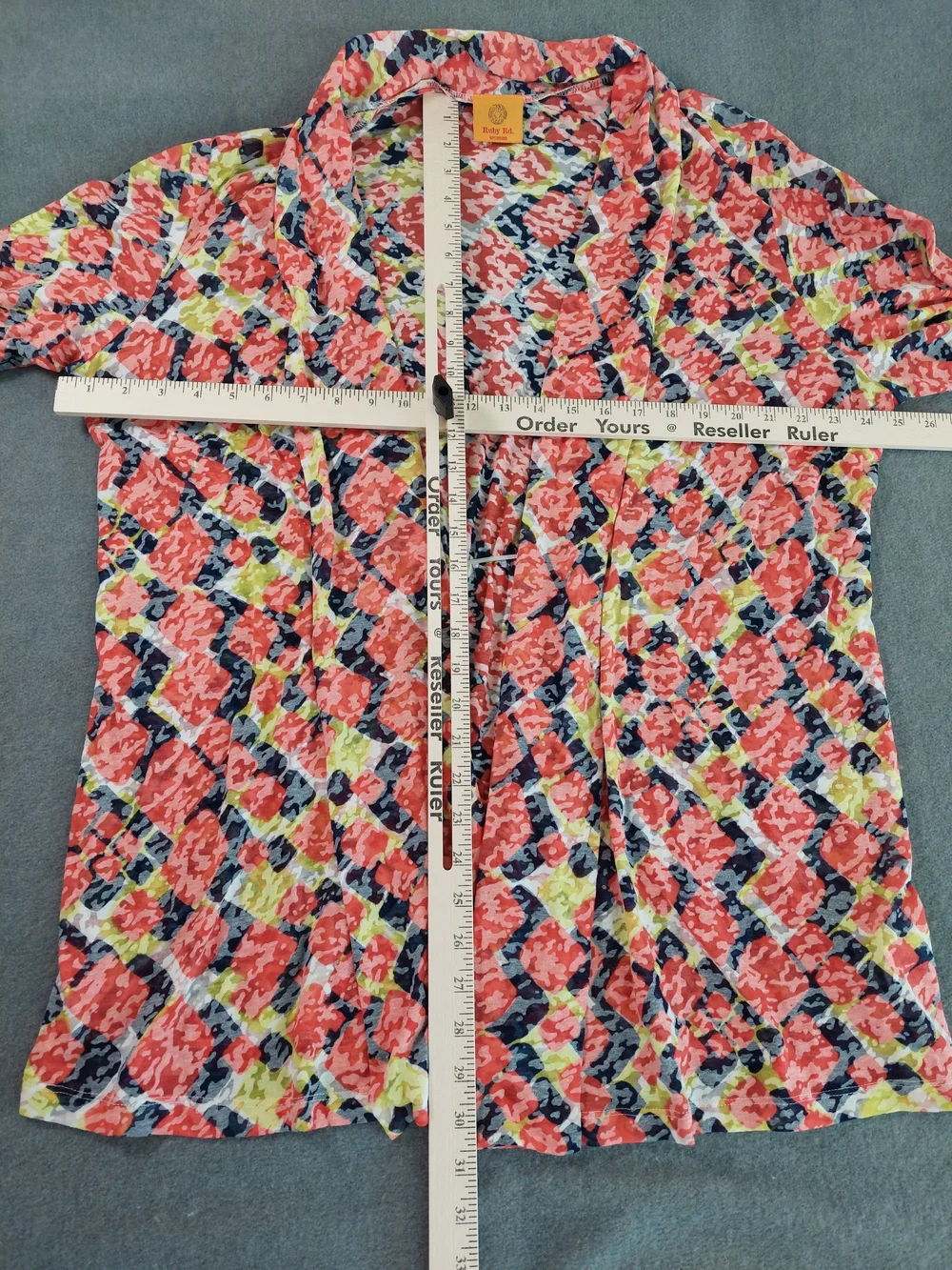 Ruby Rd. Woman 1X Geometric Abstract Open Front Cardigan Coral Blue 3/4 Sleeve - Picture 5 of 9